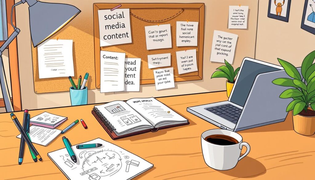 Prompt A cozy home office scene with a wooden desk, a laptop, and a cup of coffee. On the desk, an open spiral-bound notebook with handwritten notes and sketches, surrounded by a variety of office supplies - pens, highlighters, sticky notes. The wall behind the desk features a corkboard with printed social media content ideas pinned up, along with inspirational quotes. The lighting is warm and soft, creating a welcoming and productive atmosphere. The overall composition conveys a sense of organization, creativity, and authentic content planning for social media marketing.