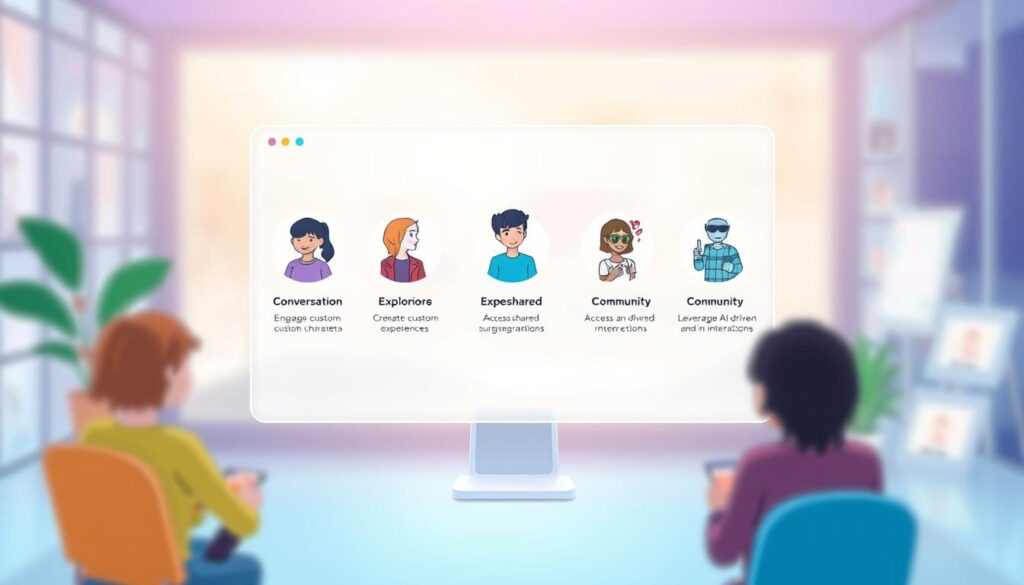 Prompt A crisp, high-quality digital illustration showcasing the five key features of the Character.AI social platform. The foreground depicts the core features - engaging in conversations, creating custom characters, exploring shared experiences, accessing a diverse community, and leveraging AI-driven interactions - each represented by intuitive icons or illustrations. The middle ground frames these features within a clean, minimalist interface, hinting at the platform's user-friendly design. The background provides a subtly blurred backdrop, maintaining focus on the key features while conveying a sense of depth and digital atmosphere. The overall composition is balanced, vibrant, and inviting, reflecting the platform's emphasis on fostering meaningful social connections through innovative AI-powered experiences.