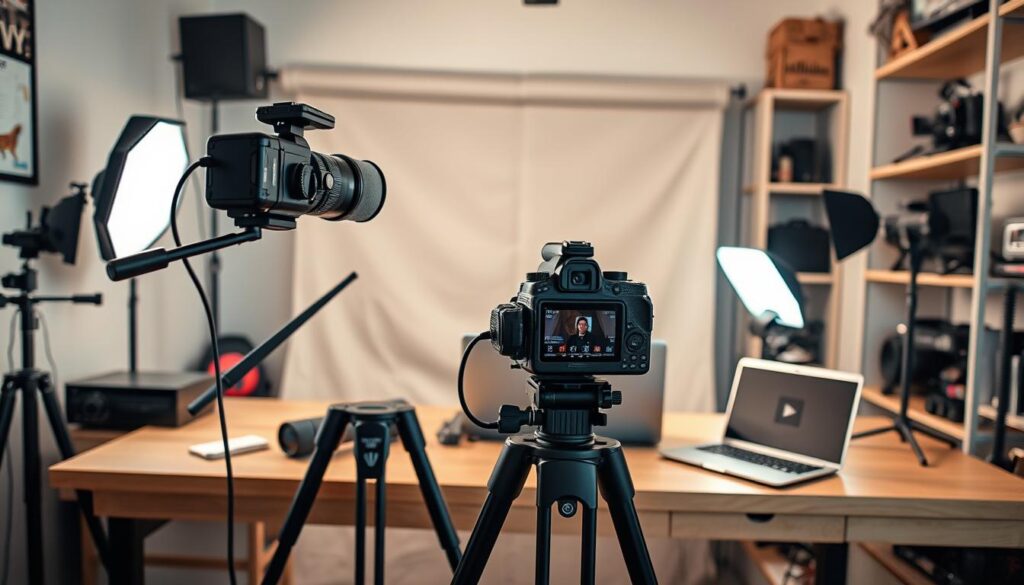 Prompt A modern, well-lit home studio setup for professional YouTube video creation. In the foreground, a high-quality camera on a sturdy tripod captures the scene. On the desk, a sleek laptop, condenser microphone, and lighting equipment create an organized workspace. The middle ground features a simple backdrop with subtle textures, allowing the subject to be the focus. The background showcases shelves filled with video production gear, creating a sense of a dedicated content creation space. The overall atmosphere is one of efficiency, creativity, and a passion for visual storytelling.