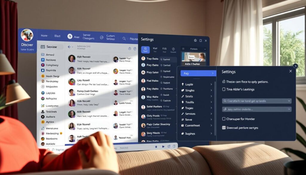 a Discord server with a clean, modern design, well-organized channels, and active user discussions. The server has a vibrant, welcoming atmosphere, with a detailed server icon, custom emotes, and a clear, intuitive layout. The main chat window features a lively conversation, with users exchanging messages, images, and reactions. The server settings panel is open, showcasing customization options and server management tools. Soft, natural lighting illuminates the scene, creating a comfortable and inviting ambiance. The overall impression is of a well-maintained, engaging Discord community.