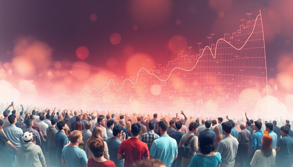 a detailed illustration of a growing reddit community, photographed with a wide-angle lens against a hazy, dreamlike background. in the foreground, a vibrant group of diverse individuals engage in lively discussions, their avatars and usernames floating above them. the middle ground showcases a bustling subreddit hub, with threads and comments cascading in dynamic layers. in the background, a towering graph charts the subreddit's exponential growth, its lines and data visualizations forming an intricate digital landscape. the overall scene conveys a sense of connectivity, momentum, and the powerful potential of online communities to thrive and expand.