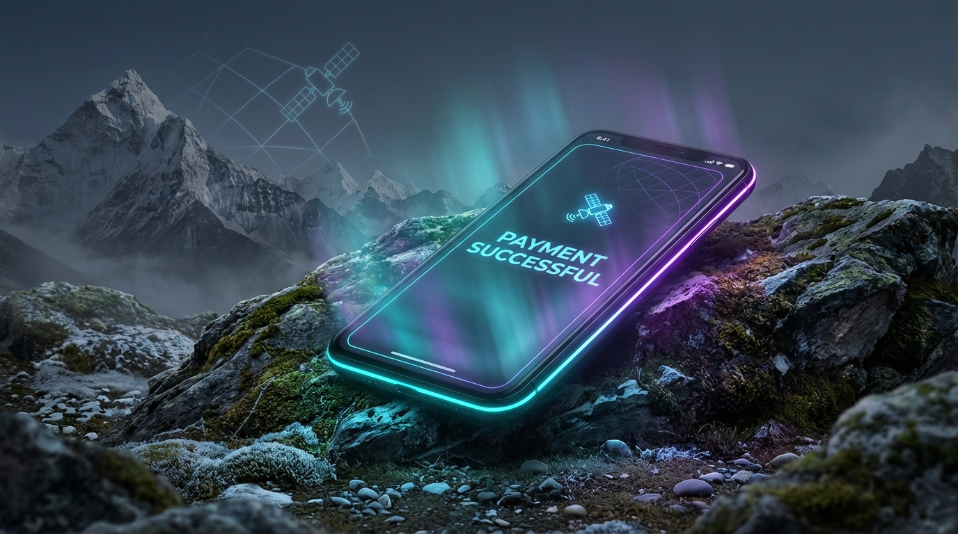 Smartphone showing successful UPI payment via BSNL satellite link in a remote mountain area