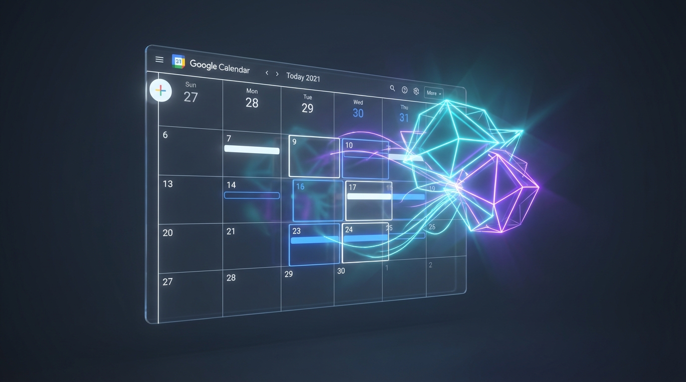 Abstract representation of Gemini AI reorganizing a Google Calendar interface.
