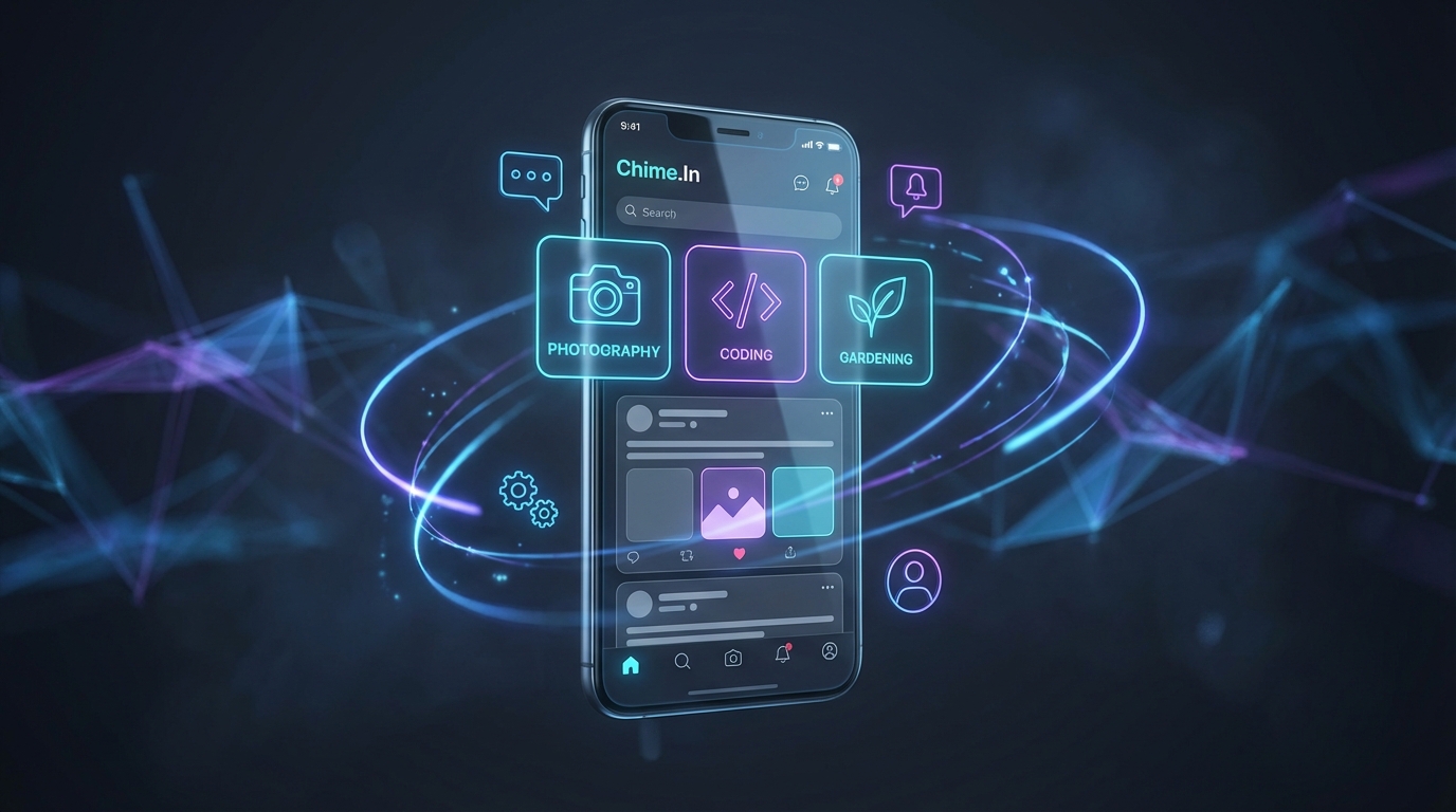 Smartphone displaying the Chime.In forum aggregator interface with various interest-based community topics.