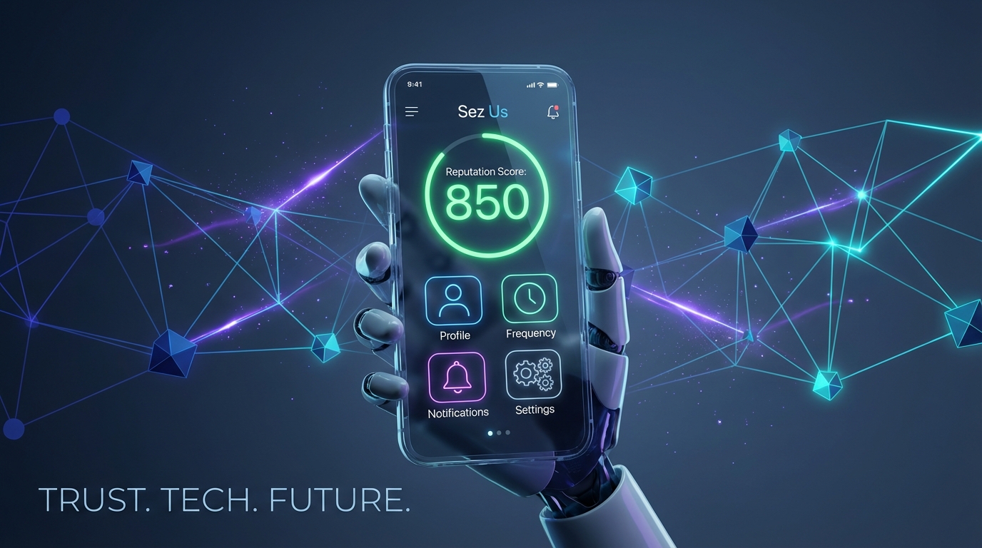 Sez Us platform interface showing reputation engine scoring and decentralized network connections for online brand protection