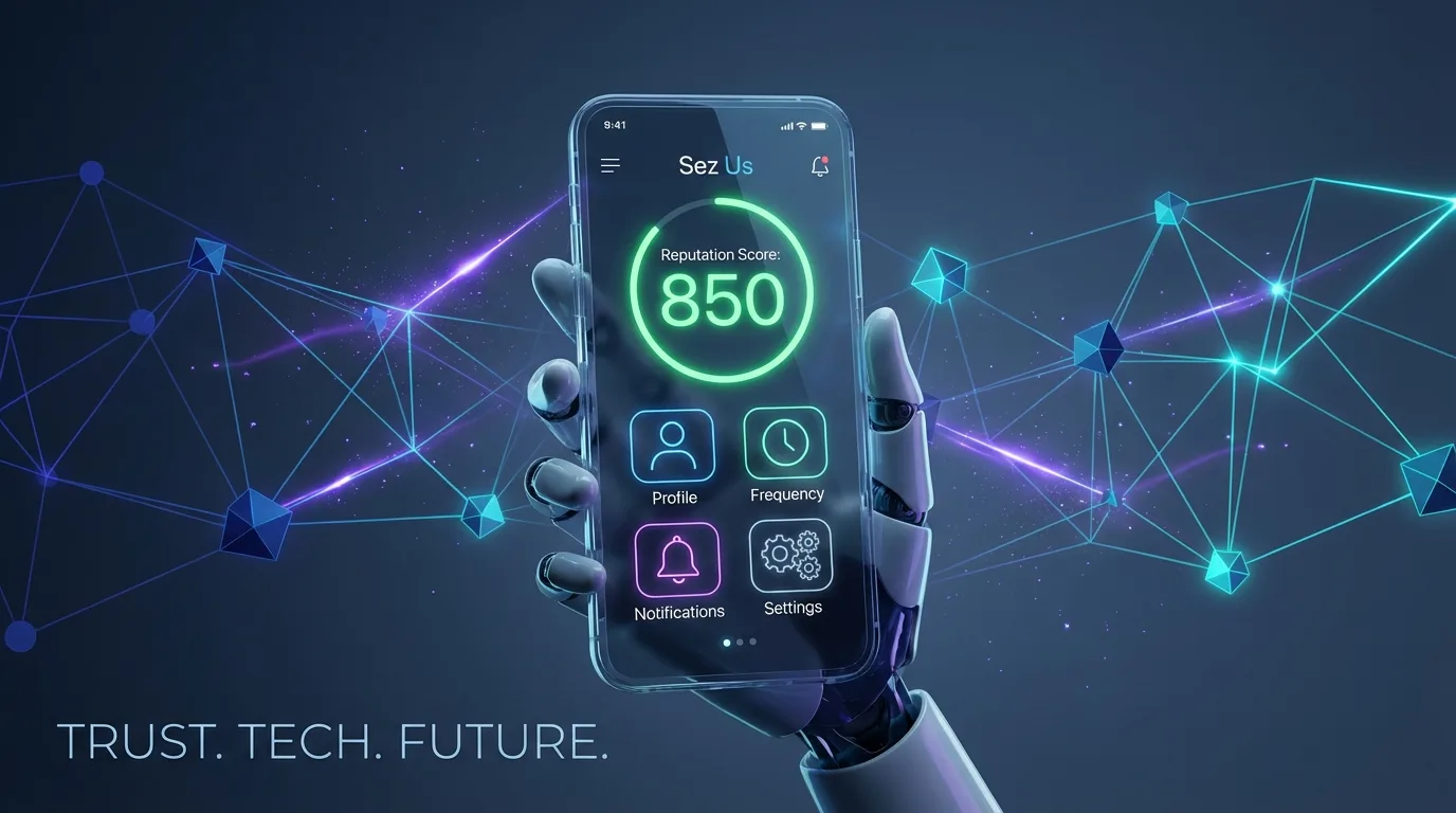 Sez Us platform interface showing reputation engine scoring and decentralized network connections for online brand protection