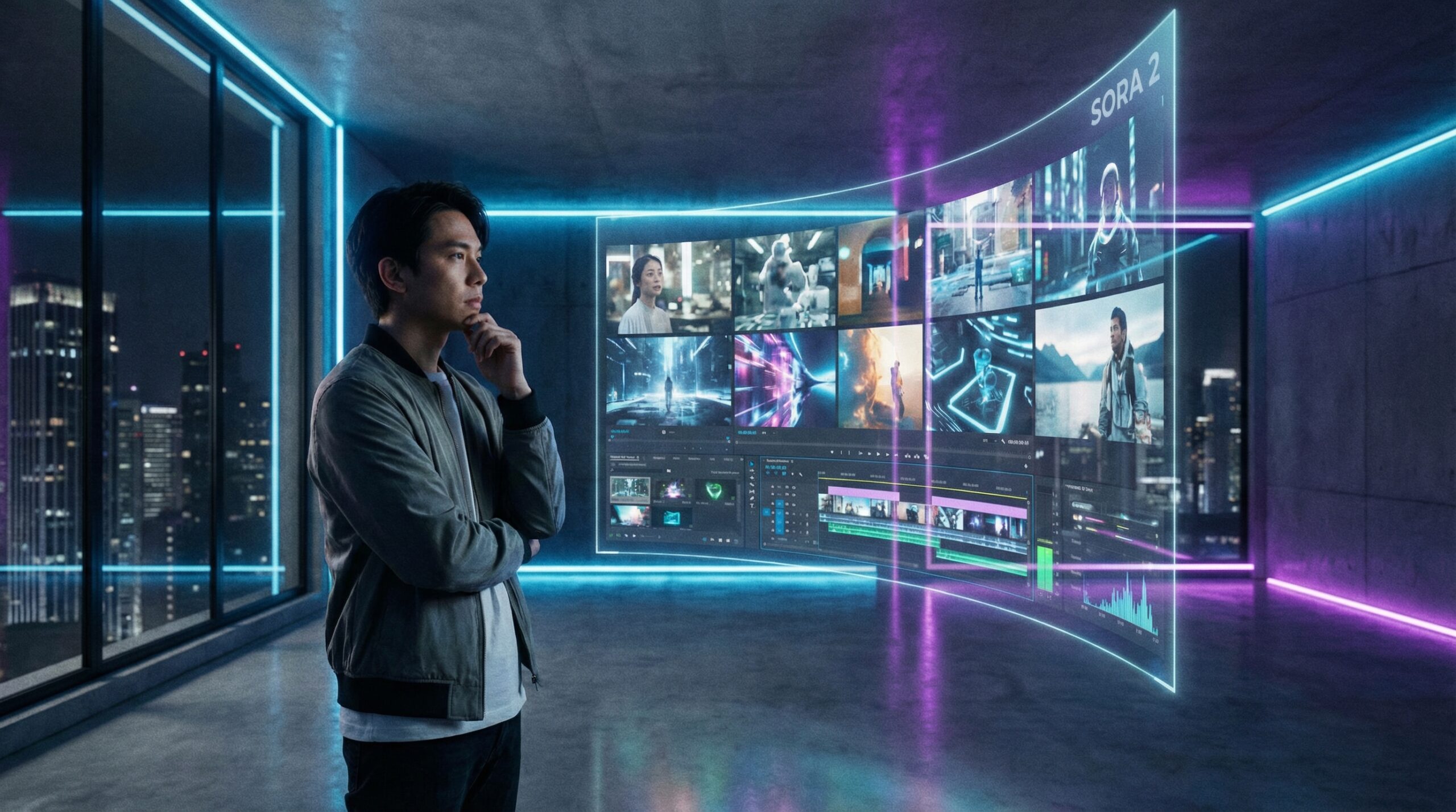 A content creator examining a dynamic AI-generated video on a futuristic holographic interface, showcasing OpenAI Sora 2's advanced capabilities and editing features.