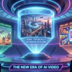 A futuristic triptych comparing AI video outputs from Sora (realistic), Runway Gen-3 (controlled), and Pika Labs (social-ready), illustrating the 2025 benchmark showdown.