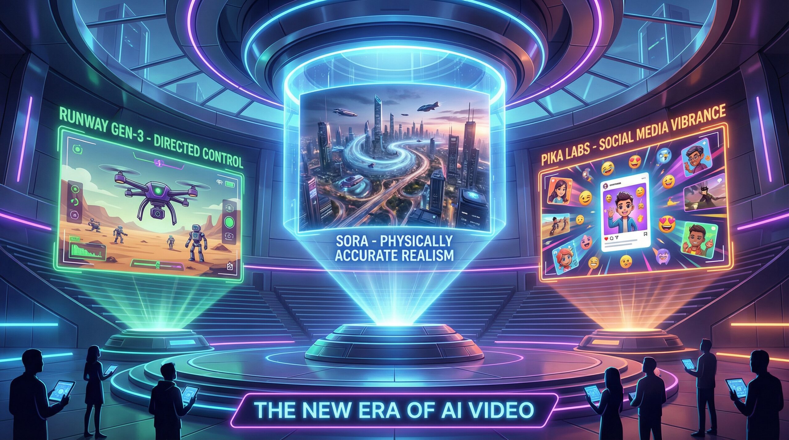 A futuristic triptych comparing AI video outputs from Sora (realistic), Runway Gen-3 (controlled), and Pika Labs (social-ready), illustrating the 2025 benchmark showdown.