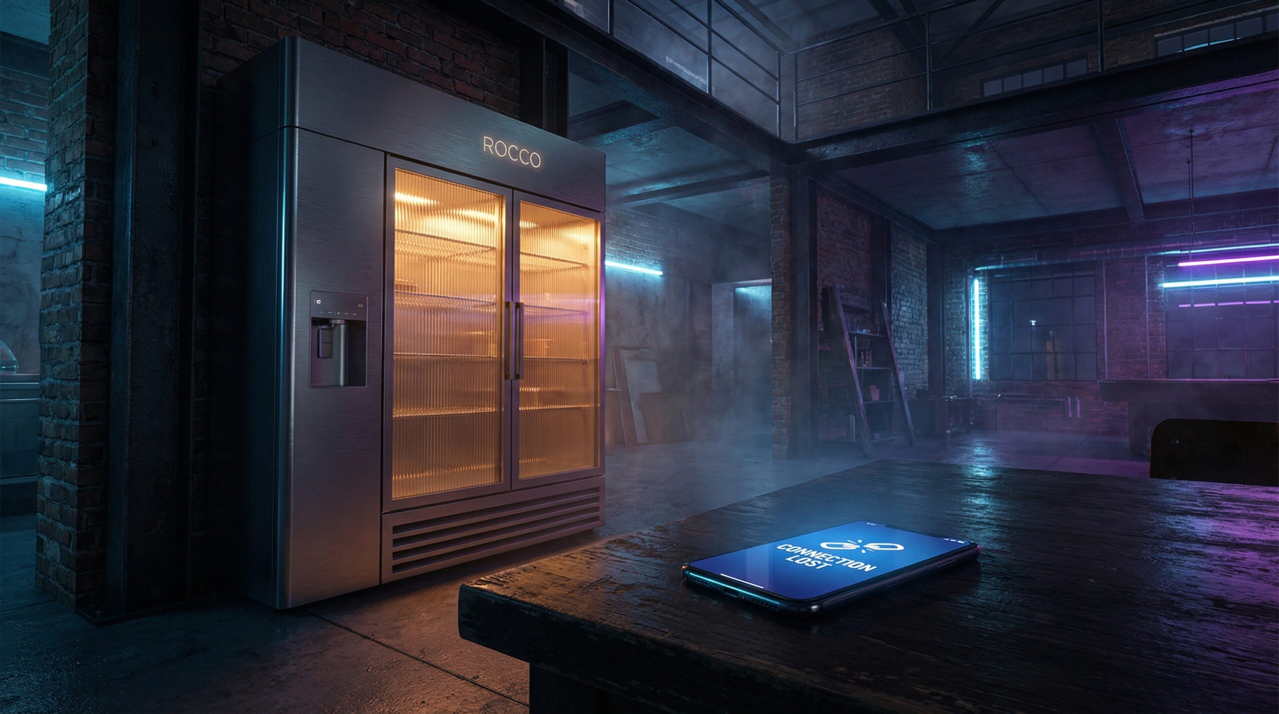 Rocco Super Smart Fridge with reeded glass door and internal lighting in a modern home context.